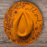 Longhorn Skull Burned Hat, Skull and roses, Cowboy desert Burned Cowboy Hat: Feathers Engraved Suede/Felt Boho Fedora, Felt Wide brim hat