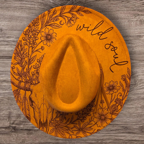 Longhorn Skull Burned Hat, Skull and roses, Cowboy desert Burned Cowboy Hat: Feathers Engraved Suede/Felt Boho Fedora, Felt Wide brim hat