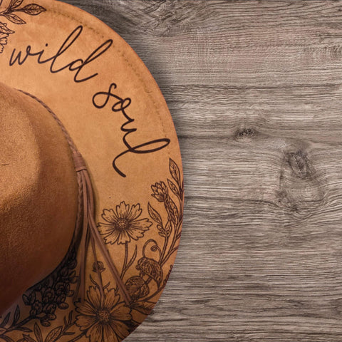 Longhorn Skull Burned Hat, Skull and roses, Cowboy desert Burned Cowboy Hat: Feathers Engraved Suede/Felt Boho Fedora, Felt Wide brim hat