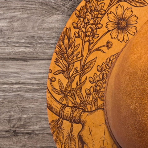 Longhorn Skull Burned Hat, Skull and roses, Cowboy desert Burned Cowboy Hat: Feathers Engraved Suede/Felt Boho Fedora, Felt Wide brim hat