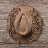 Cowgirl and Horse Burned Hat, Floral Burned cowgirl Cowboy Hat: Engraved Suede/Felt Boho Fedora, Felt Wide brim hat Western Hat Festivals